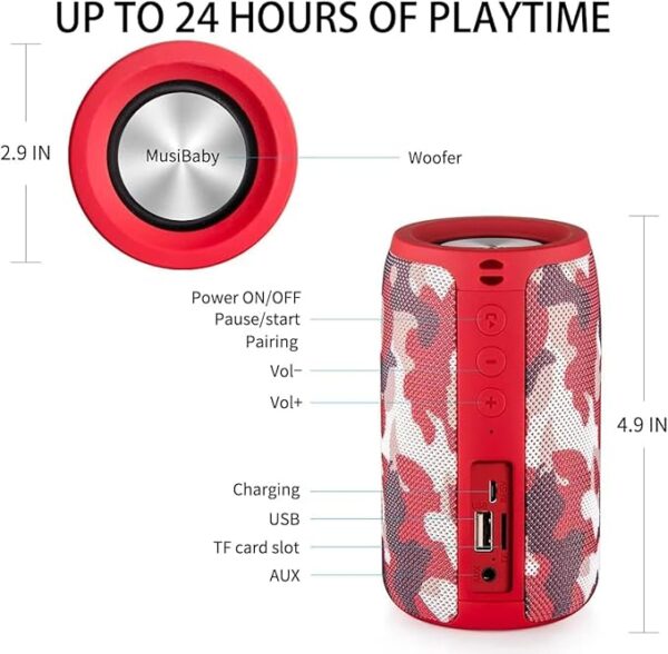 Bluetooth Speaker,MusiBaby Speaker,Wireless,Outdoor, Waterproof,Portable Speaker,Dual Pairing, Bluetooth 5.0,Loud Stereo,Booming Bass,24H Playtime for Home&Party, (BLK) - Image 3