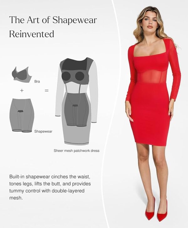 Popilush Long Sleeve Shapewear Dress Mesh Dresses Built in Bra Corset Dresses for Women Tummy Control - Image 2