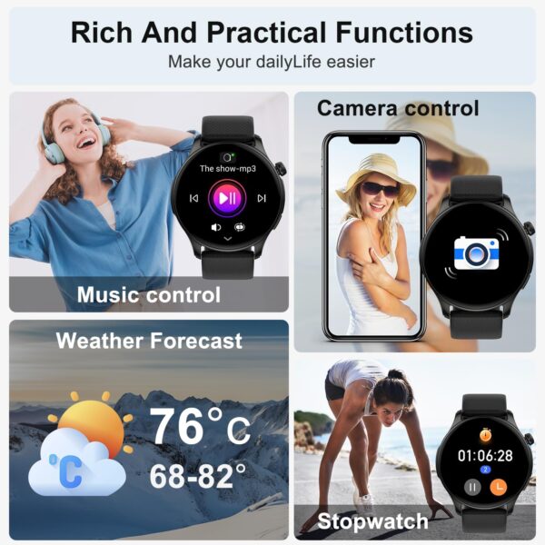 Smart Watch for Men Women Fitness: Waterproof Make/Answer Call Smart Watches for Men Digital Mens Watches Run Smartwatch Android Phones iPhone Samsung Compatible Heart Rate Monitor Step Tracker Black - Image 3