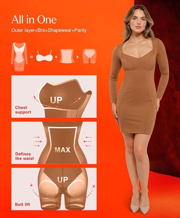 Popilush Shapewear Dress Long Sleeve Sweetheart Neckline Dress Bodycon Mini Dresses for Women Tummy Control Red Thermal - Image 3