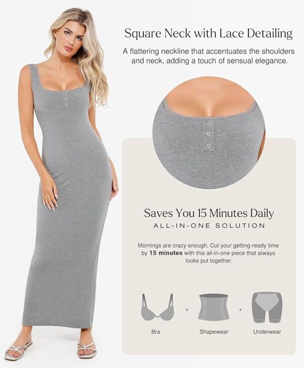 Popilush Shapewear Maxi Dress for Women - Summer Square Neck Lace Tank Dresses Built in Bra - Going Out Vacation Outfits - Image 2