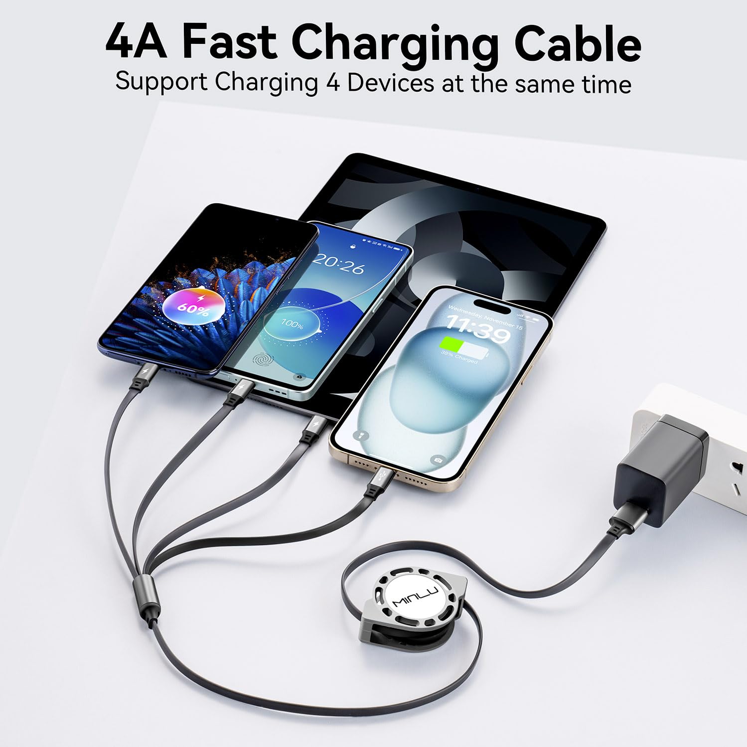 4-in-1 Retractable Fast Charging Cable 4A, 2-Pack (4ft) – Type-C, Micro USB, Lightning for Phones, Tablets & More